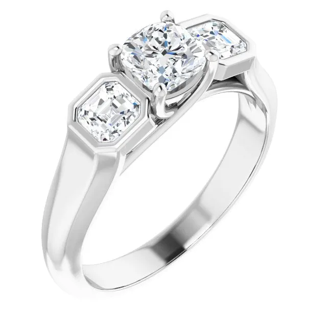 Cubic Zirconia Engagement Ring- The Alana Marie (Customizable 3-stone Cathedral Cushion Cut Design with Twin Asscher Cut Side Stones)