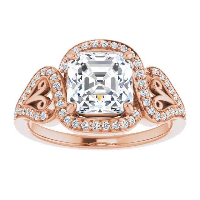 Cubic Zirconia Engagement Ring- The Alexis Rose (Customizable Asscher Cut Design with Bypass Halo and Split-Shared Prong Band)