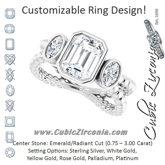 Cubic Zirconia Engagement Ring- The a'Malisa (Customizable 3-stone Emerald Cut Design with 2 Oval Cut Side Stones and Wide, Bubble-Bead Split-Band)