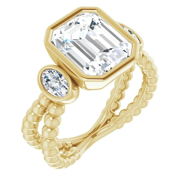 Cubic Zirconia Engagement Ring- The a'Malisa (Customizable 3-stone Emerald Cut Design with 2 Oval Cut Side Stones and Wide, Bubble-Bead Split-Band)