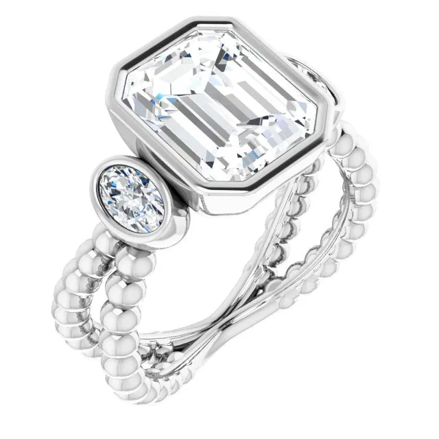 Cubic Zirconia Engagement Ring- The a'Malisa (Customizable 3-stone Emerald Cut Design with 2 Oval Cut Side Stones and Wide, Bubble-Bead Split-Band)