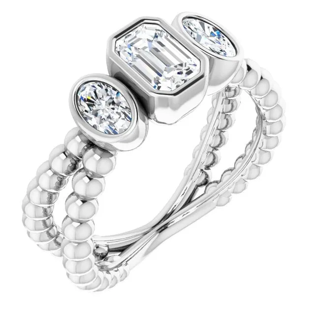 Cubic Zirconia Engagement Ring- The a'Malisa (Customizable 3-stone Emerald Cut Design with 2 Oval Cut Side Stones and Wide, Bubble-Bead Split-Band)