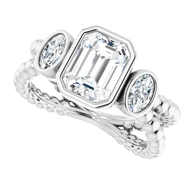 Cubic Zirconia Engagement Ring- The a'Malisa (Customizable 3-stone Emerald Cut Design with 2 Oval Cut Side Stones and Wide, Bubble-Bead Split-Band)