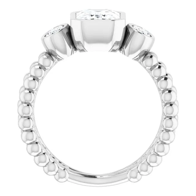 Cubic Zirconia Engagement Ring- The a'Malisa (Customizable 3-stone Emerald Cut Design with 2 Oval Cut Side Stones and Wide, Bubble-Bead Split-Band)