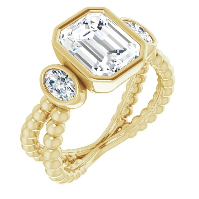 Cubic Zirconia Engagement Ring- The a'Malisa (Customizable 3-stone Emerald Cut Design with 2 Oval Cut Side Stones and Wide, Bubble-Bead Split-Band)