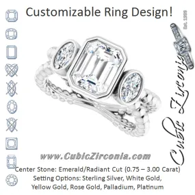 Cubic Zirconia Engagement Ring- The a'Malisa (Customizable 3-stone Emerald Cut Design with 2 Oval Cut Side Stones and Wide, Bubble-Bead Split-Band)