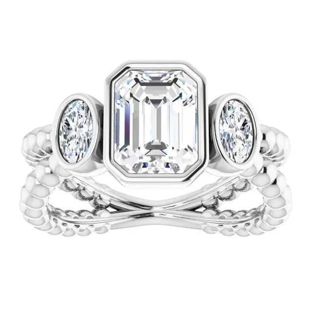 Cubic Zirconia Engagement Ring- The a'Malisa (Customizable 3-stone Emerald Cut Design with 2 Oval Cut Side Stones and Wide, Bubble-Bead Split-Band)