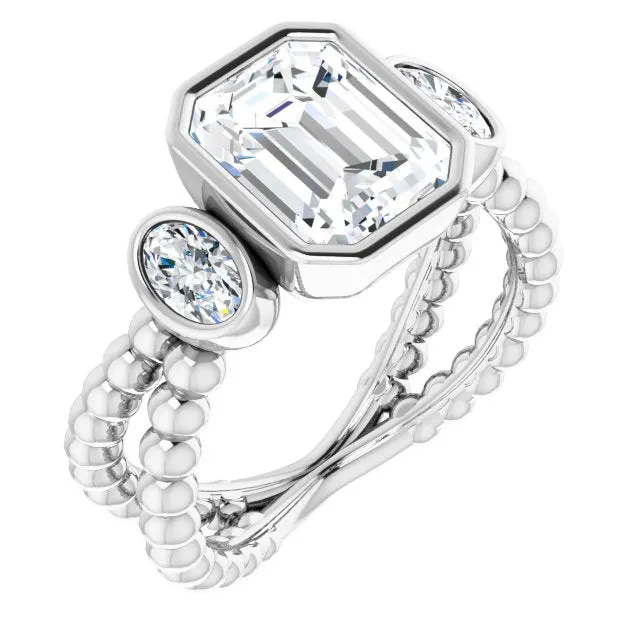 Cubic Zirconia Engagement Ring- The a'Malisa (Customizable 3-stone Emerald Cut Design with 2 Oval Cut Side Stones and Wide, Bubble-Bead Split-Band)