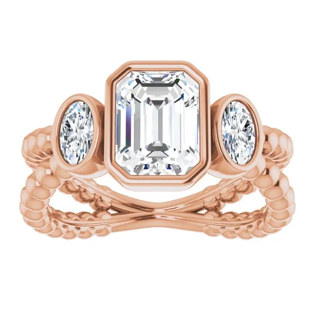 Cubic Zirconia Engagement Ring- The a'Malisa (Customizable 3-stone Emerald Cut Design with 2 Oval Cut Side Stones and Wide, Bubble-Bead Split-Band)