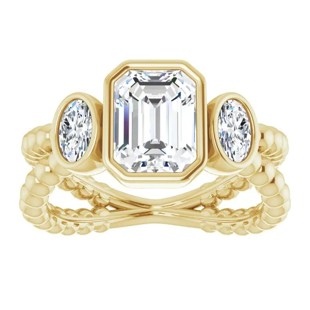 Cubic Zirconia Engagement Ring- The a'Malisa (Customizable 3-stone Emerald Cut Design with 2 Oval Cut Side Stones and Wide, Bubble-Bead Split-Band)