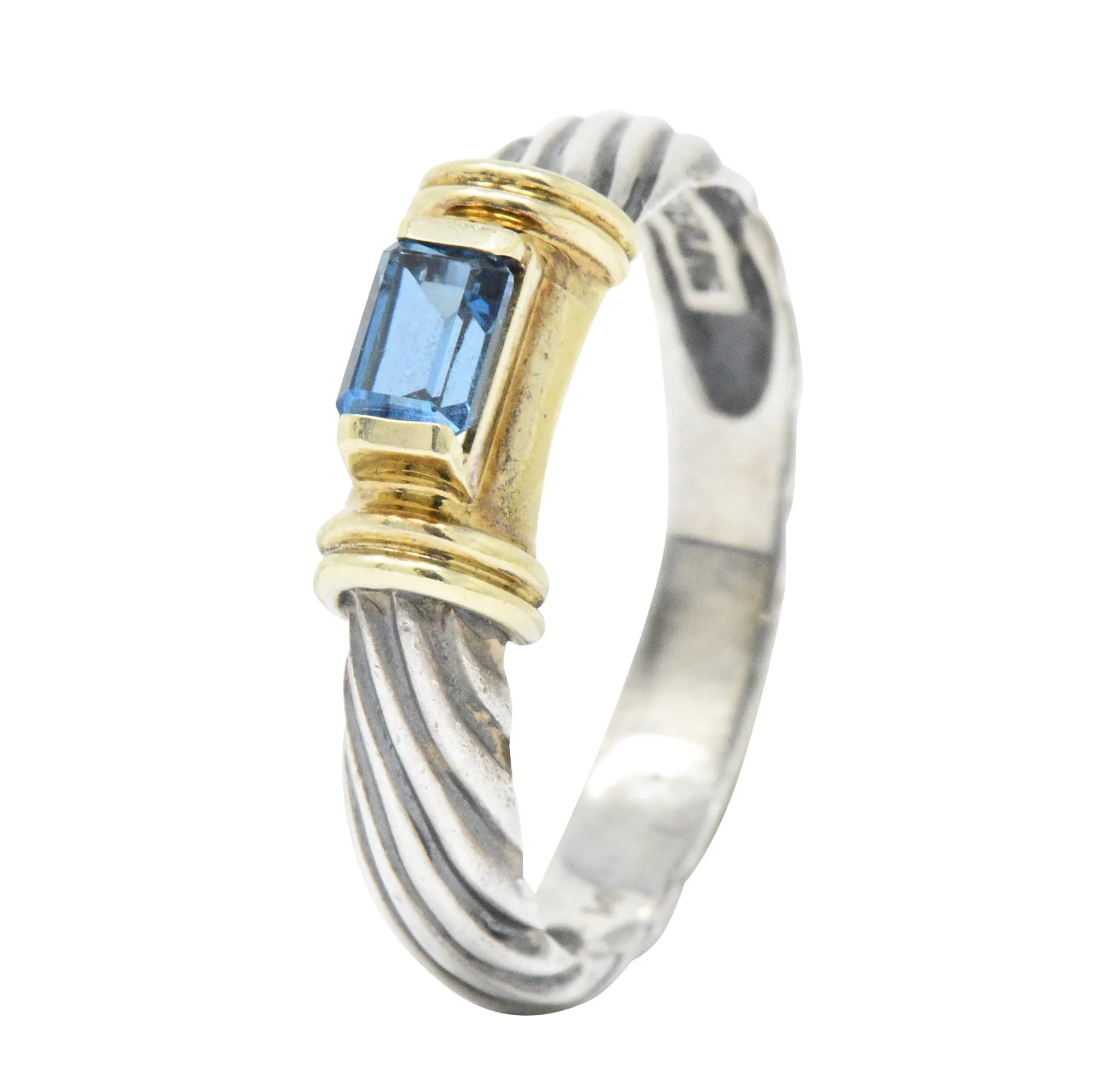 David Yurman Blue Tourmaline 14 Karat Gold Sterling Silver Metro Ring