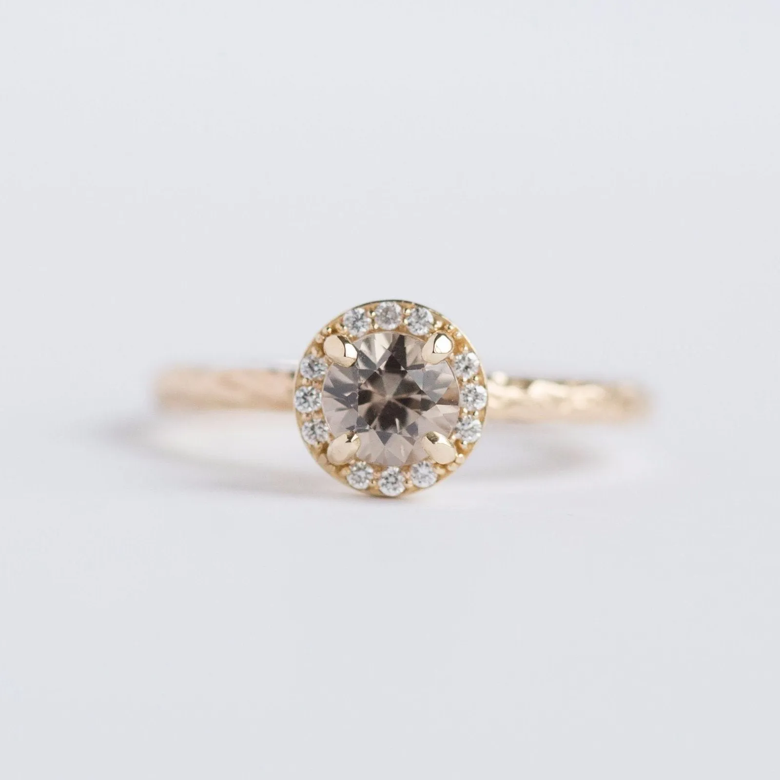 Diamond & Champagne Zircon Engagement Ring - Hand Carved Recycled Yellow Gold Earthy Setting - Ring by Anueva Jewelry