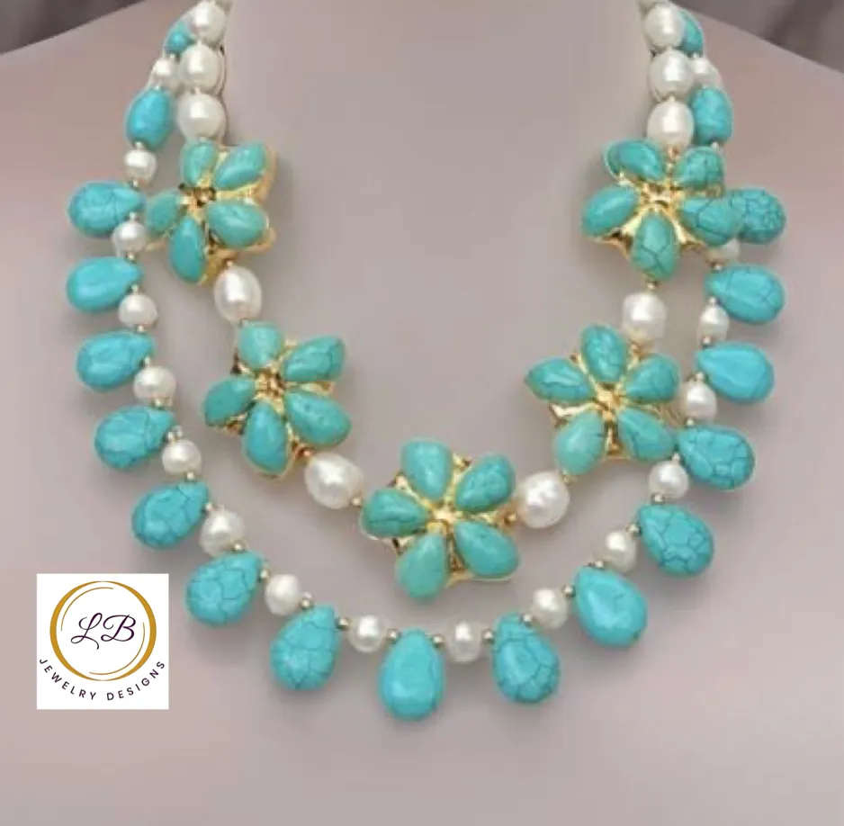 Double-Strand Turquoise & Pearl 22k Gold Statement Necklace