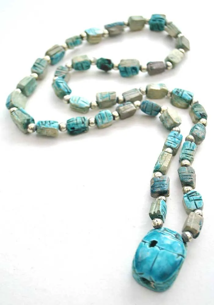 Egyptian Revival Turquoise Clay Scarab Beetle Necklace • Souvenir