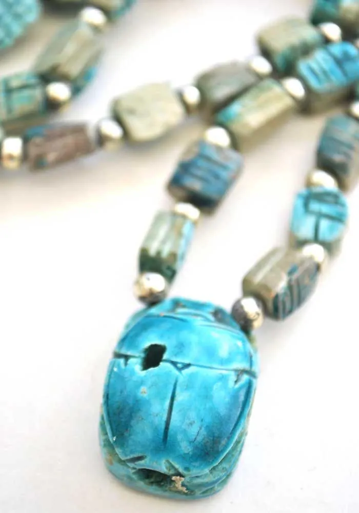 Egyptian Revival Turquoise Clay Scarab Beetle Necklace • Souvenir