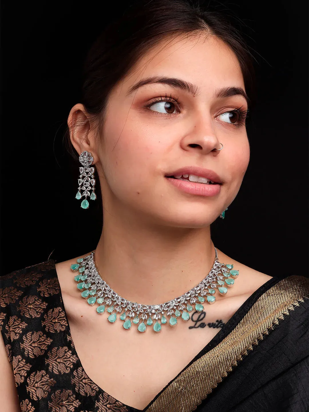 Elegant Silver Plated Turquoise Cubic Zirconia Party Wear Handcrafted Necklace Set