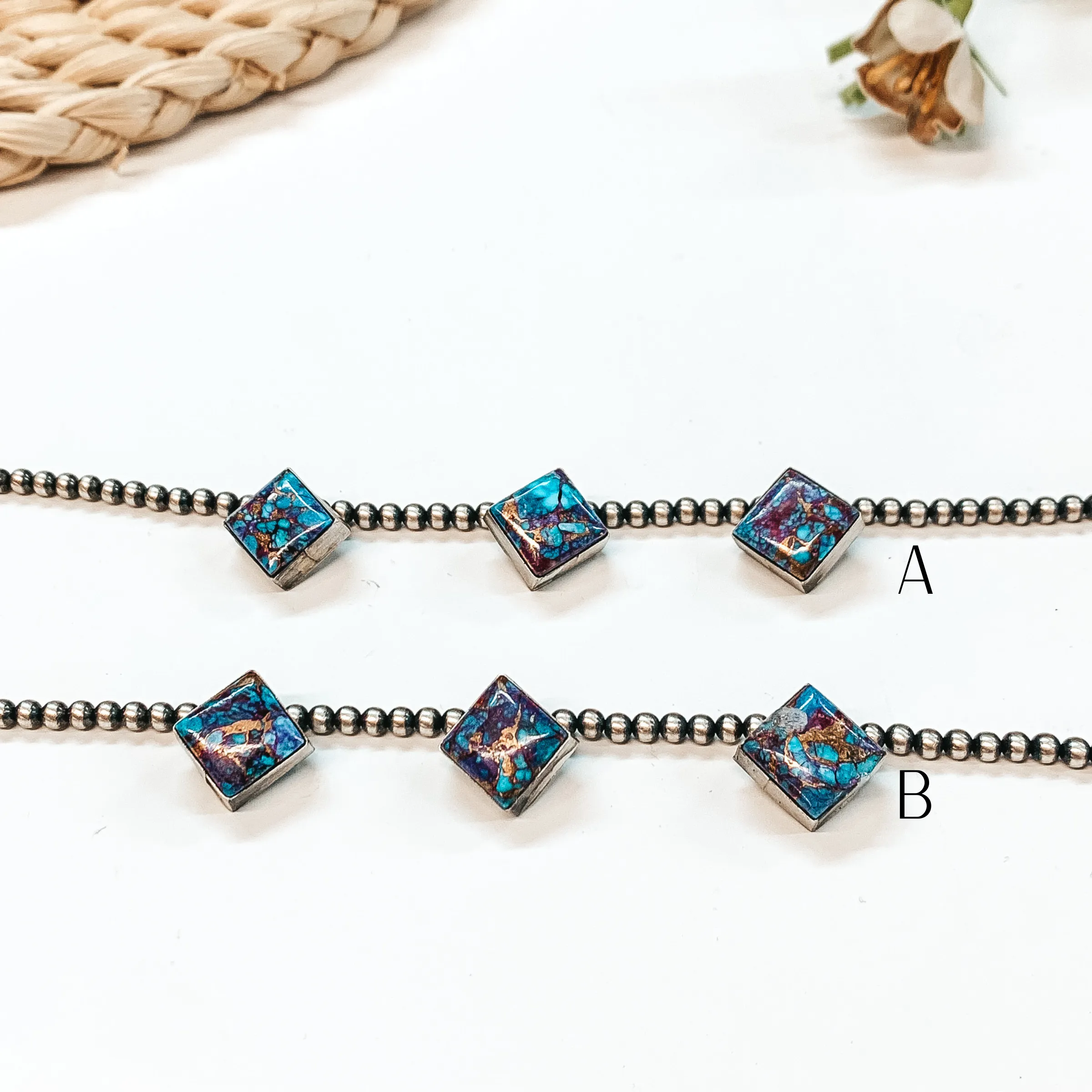 Elouise Kee | Navajo Handmade 4mm 14 inch Navajo Pearl Necklace with 3 Diamond Remix Mojave Turquoise Stones