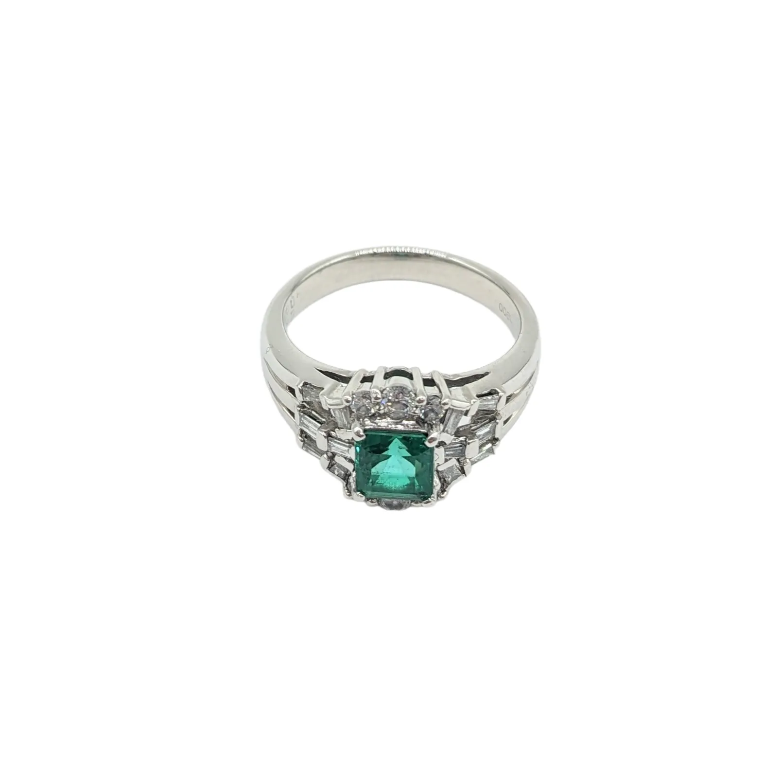 Emerald and Diamond Split Shank Platinum Ring