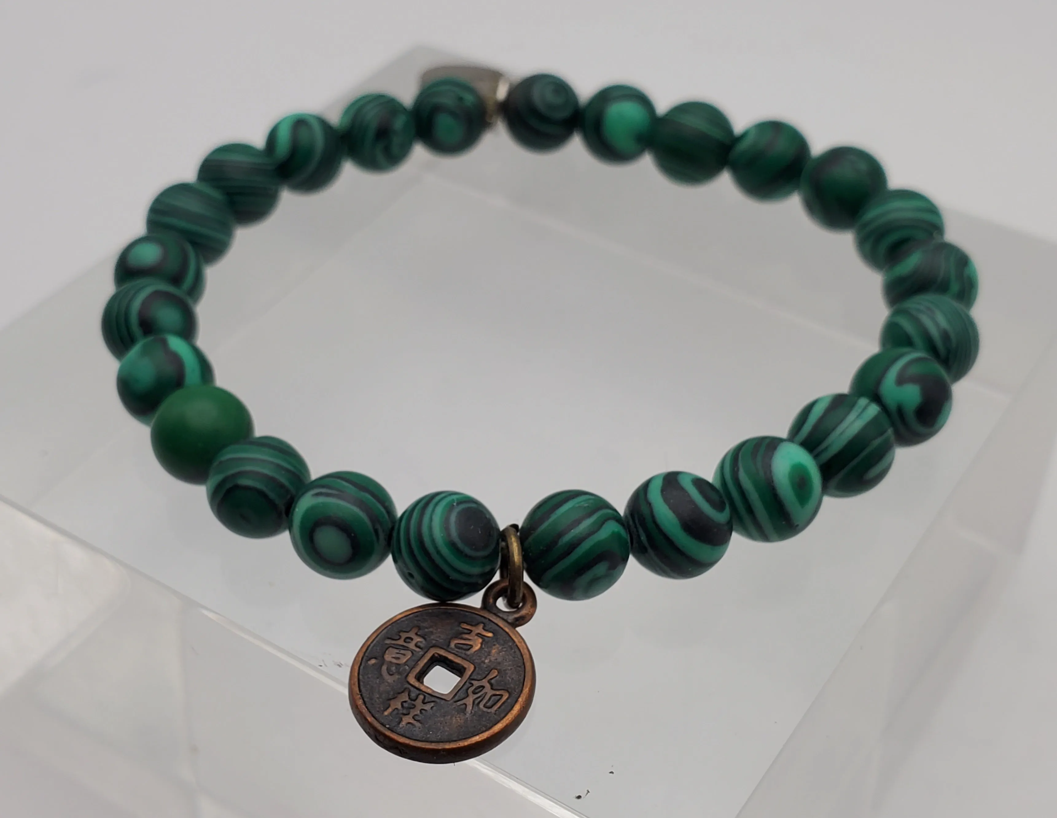 Faux Malachite and Coin Charm Beaded Stretch Bracelet