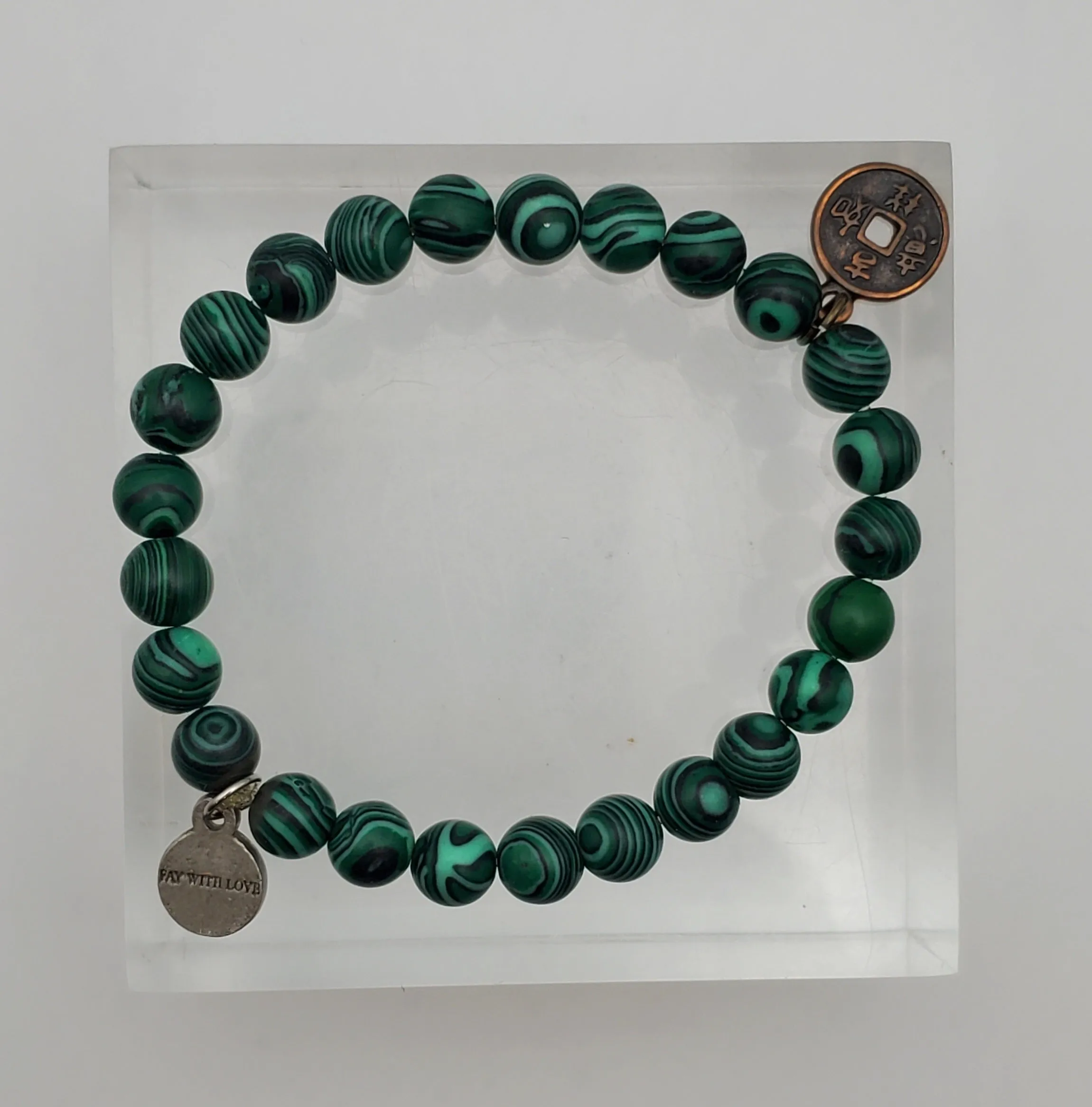 Faux Malachite and Coin Charm Beaded Stretch Bracelet