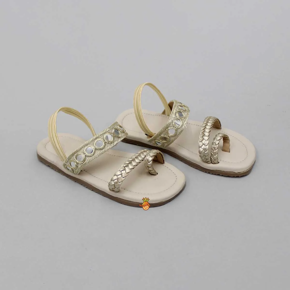 Faux Mirror Work With Braided Toe Ring Beige Base Kolhapuri Flats