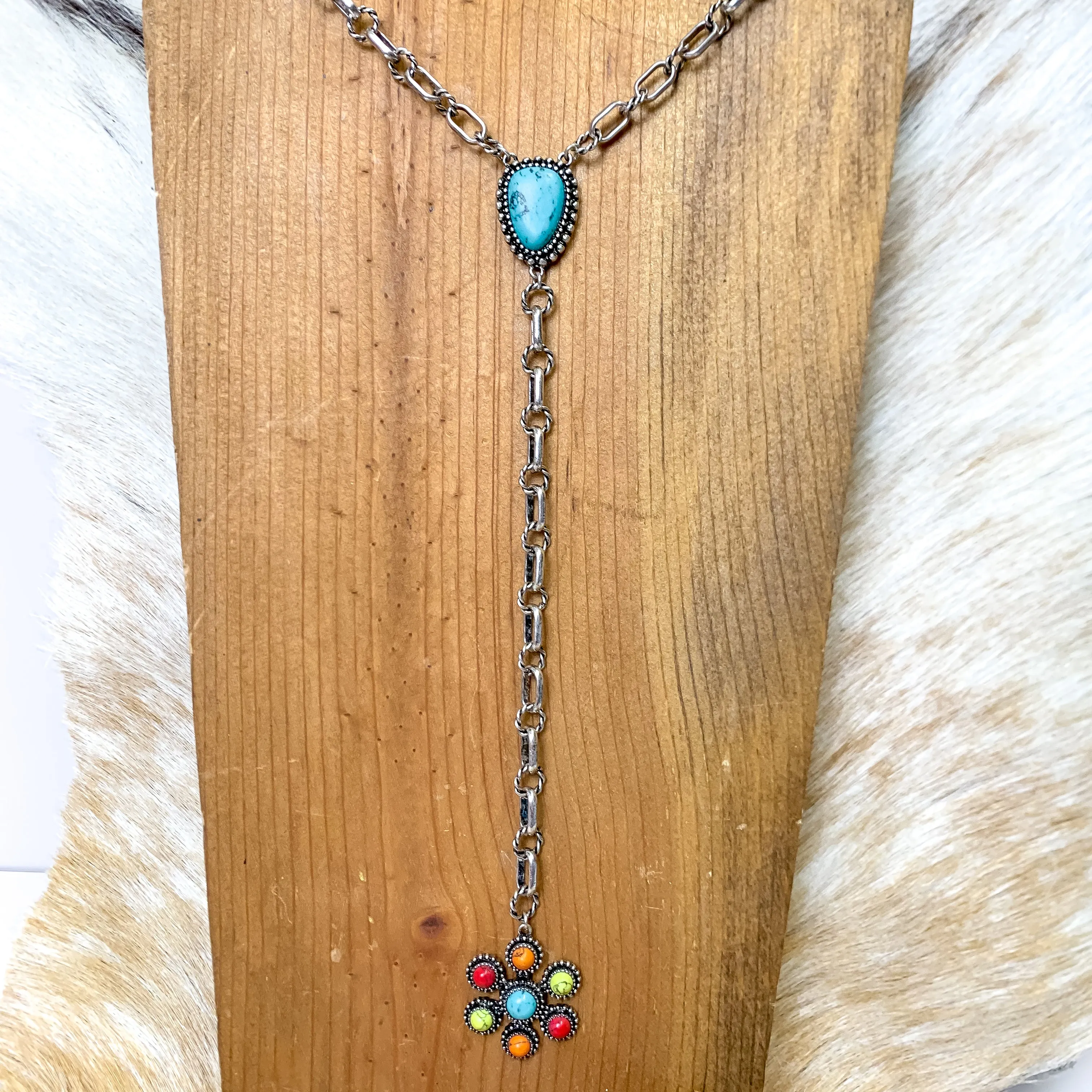 Follow My Lead Lariat Pendant Silver Tone Necklace in Multicolor