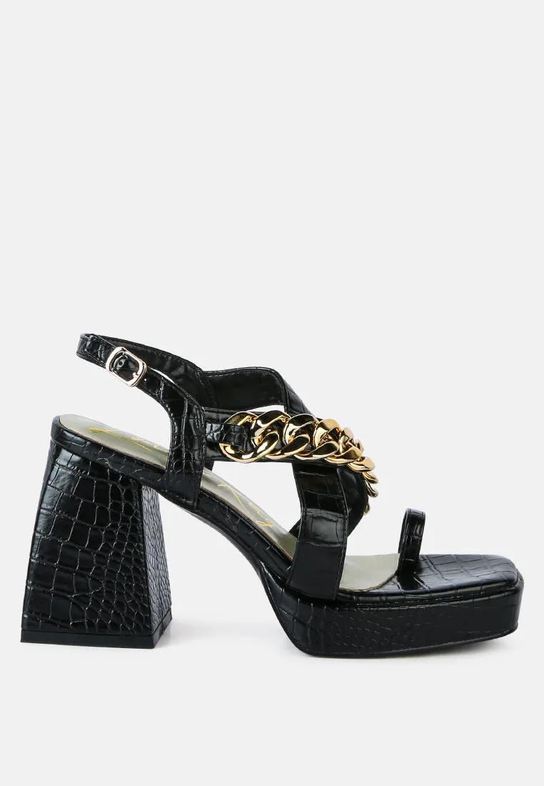 frecklin metal chain block heel sandals by London Rag