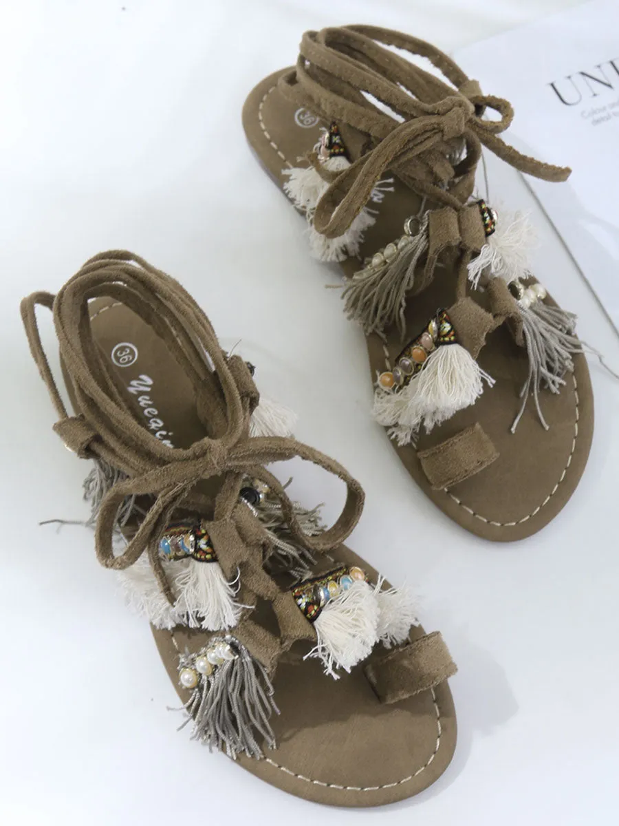 Fringe Calf Strapped Pearl Toe Ring Flat Boho Sandals