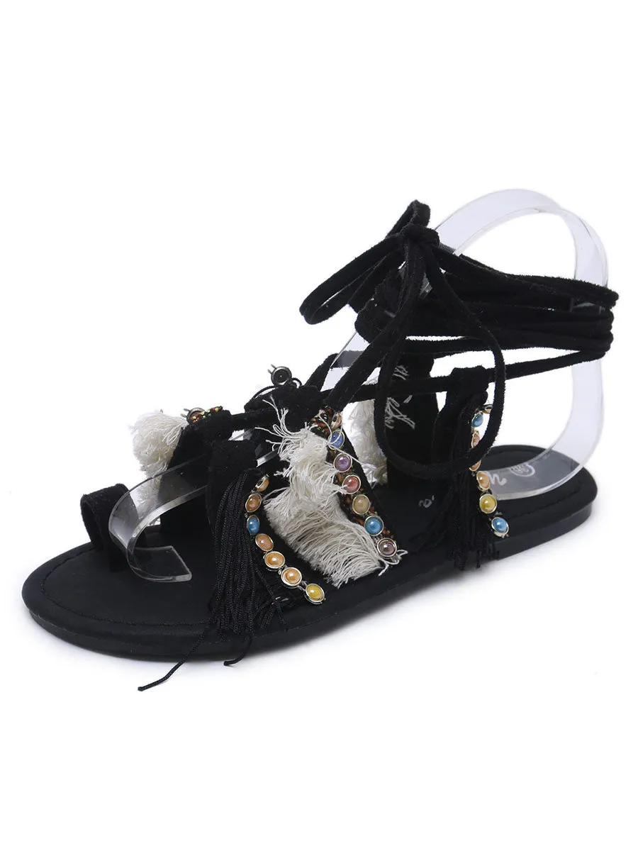 Fringe Calf Strapped Pearl Toe Ring Flat Boho Sandals