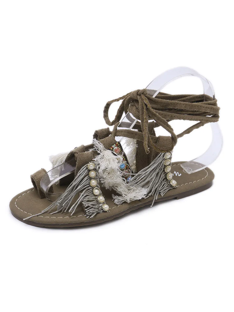 Fringe Calf Strapped Pearl Toe Ring Flat Boho Sandals