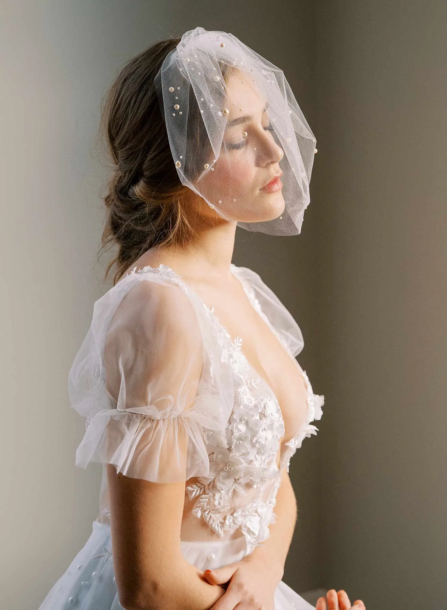 Full tulle birdcage veil with pearls - Style #2446