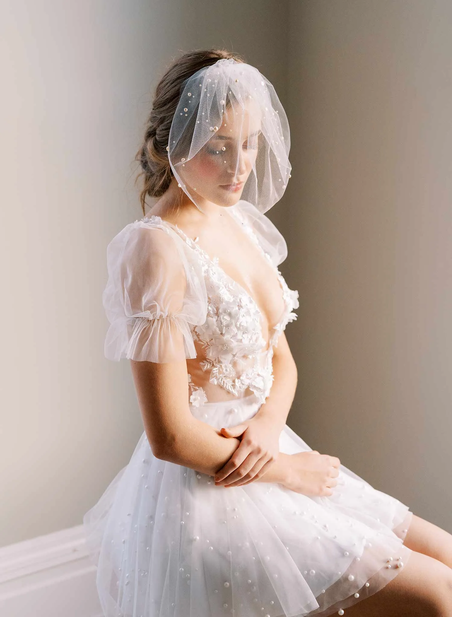 Full tulle birdcage veil with pearls - Style #2446