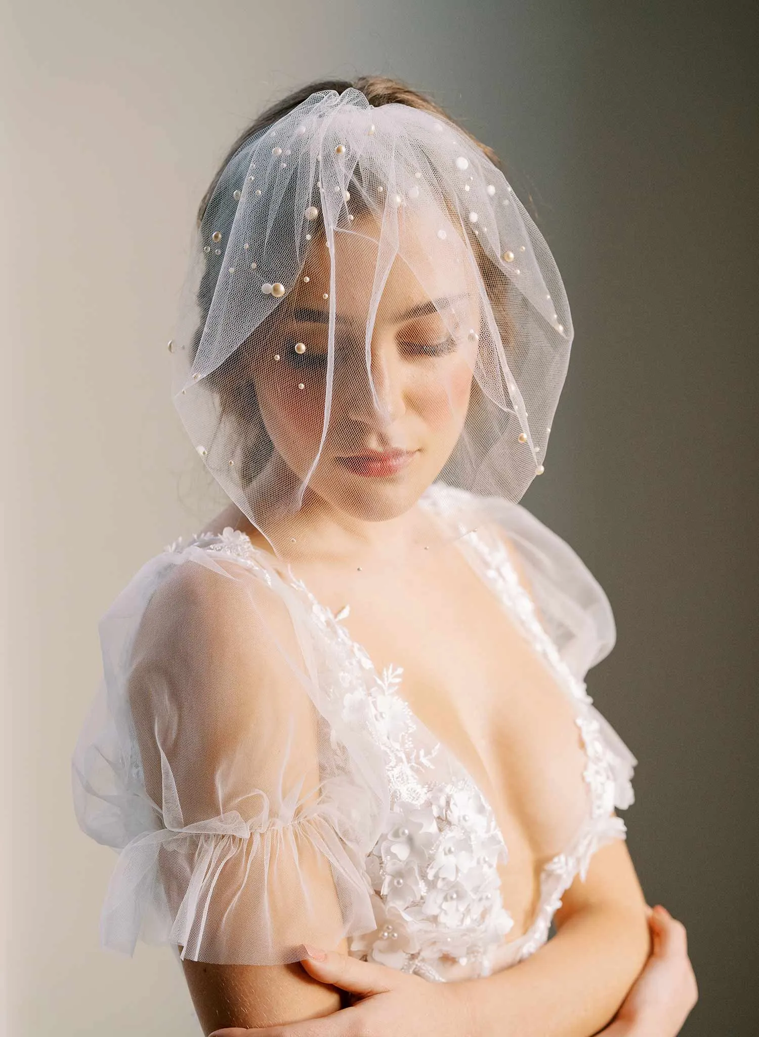 Full tulle birdcage veil with pearls - Style #2446