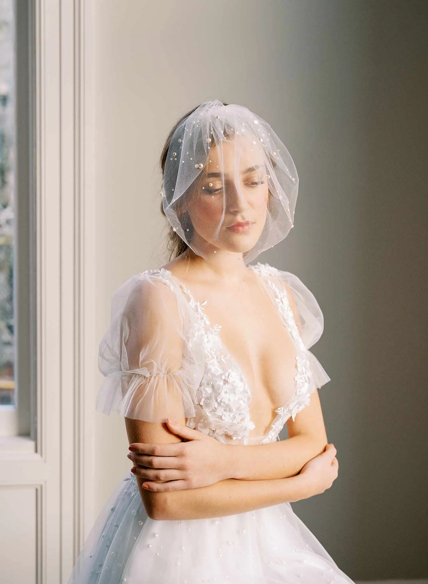 Full tulle birdcage veil with pearls - Style #2446