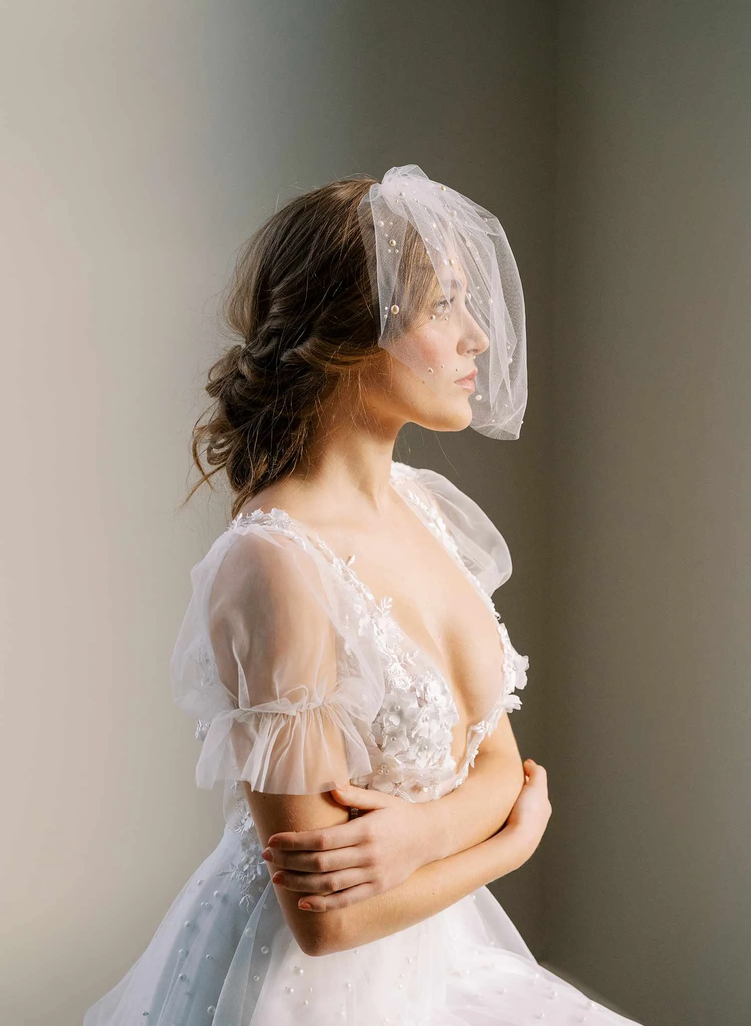 Full tulle birdcage veil with pearls - Style #2446