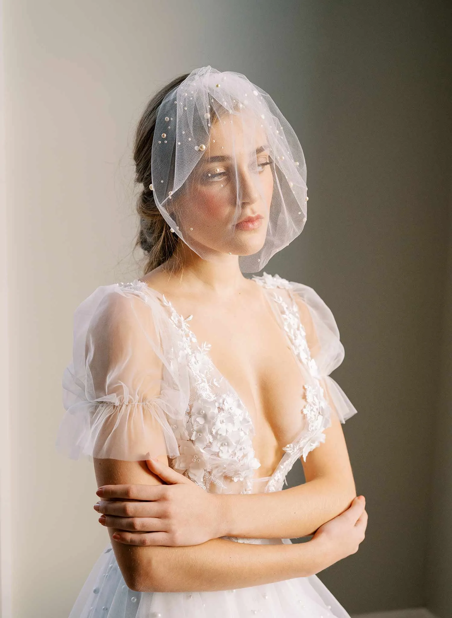 Full tulle birdcage veil with pearls - Style #2446