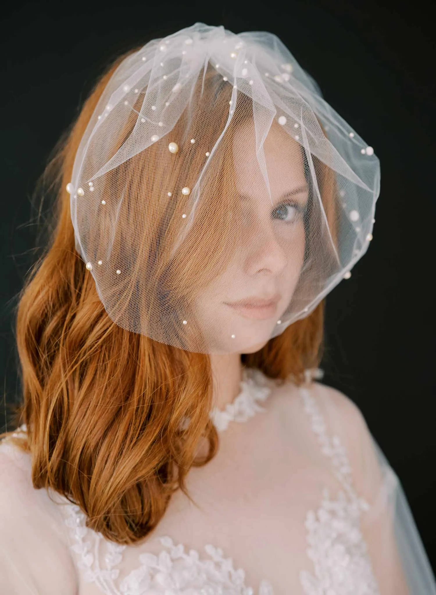 Full tulle birdcage veil with pearls - Style #2446