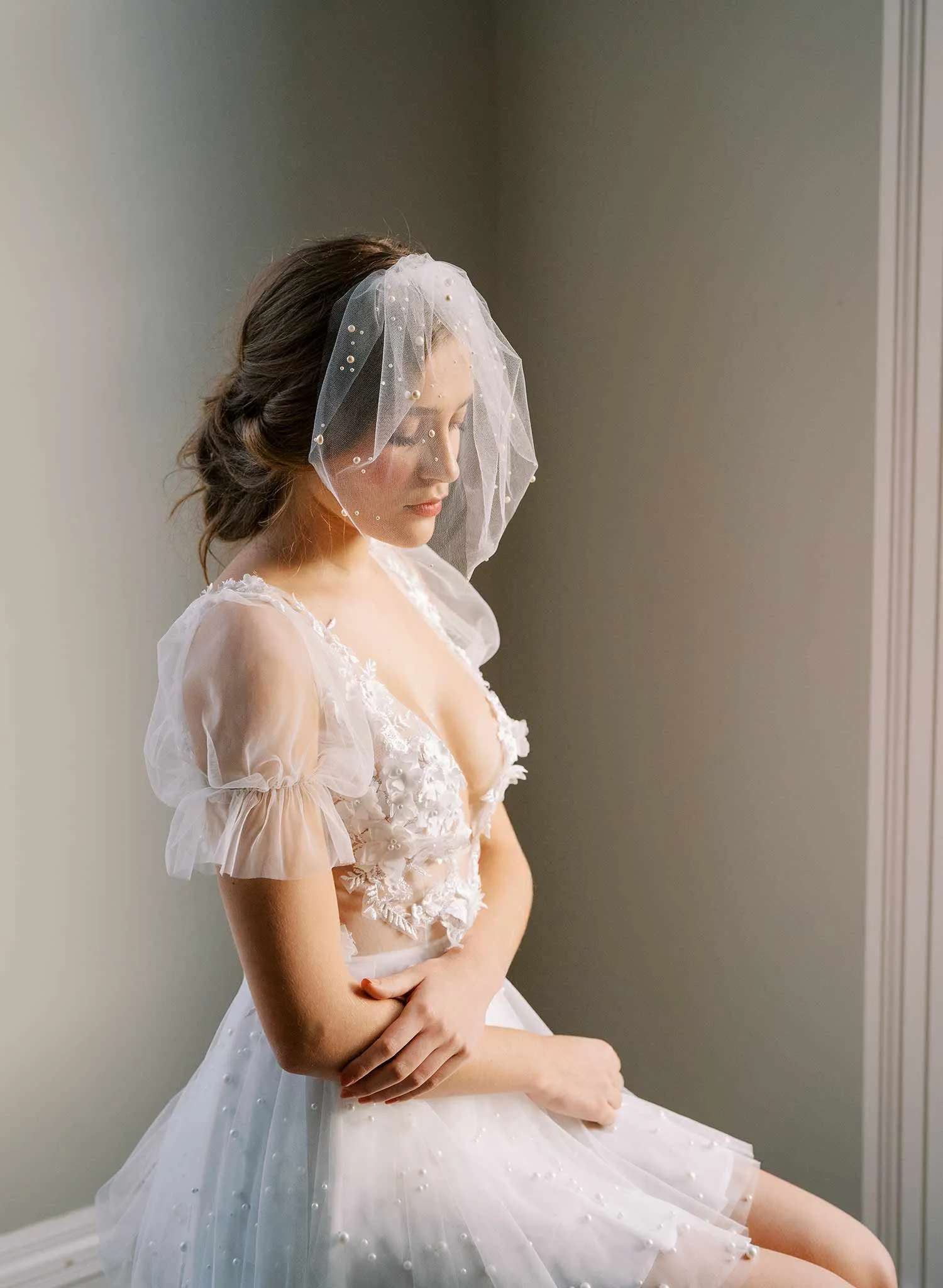 Full tulle birdcage veil with pearls - Style #2446