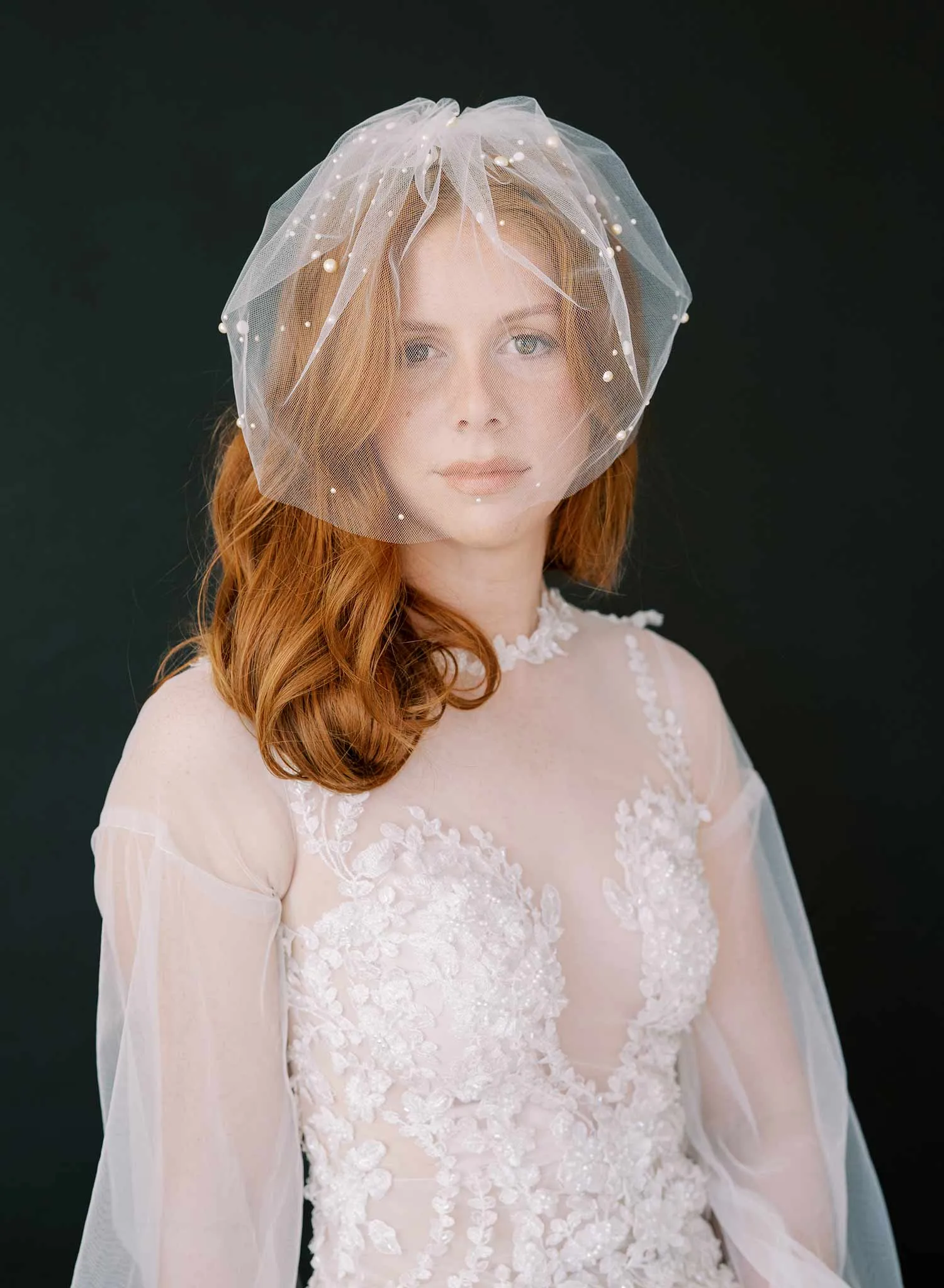 Full tulle birdcage veil with pearls - Style #2446