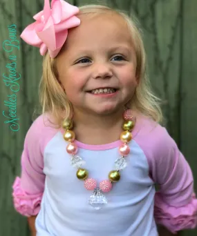 Girls Pink and Gold Chunky Bead Bubblegum Necklace w/ Clear Pendant, Girls Jewelry, Flower Girls Necklace