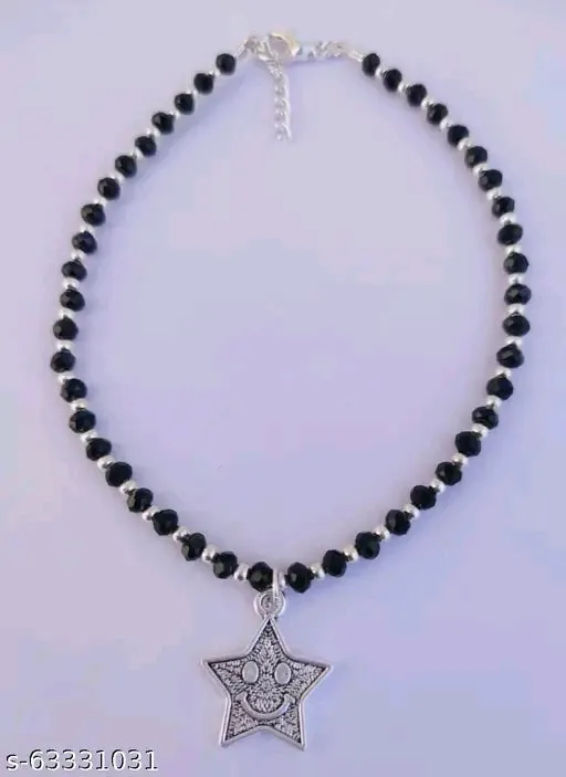 Gleaming Smily Star Black &amp; White Anklet for Girls and Women - German Silver, Adjustable, Oxidized Finish