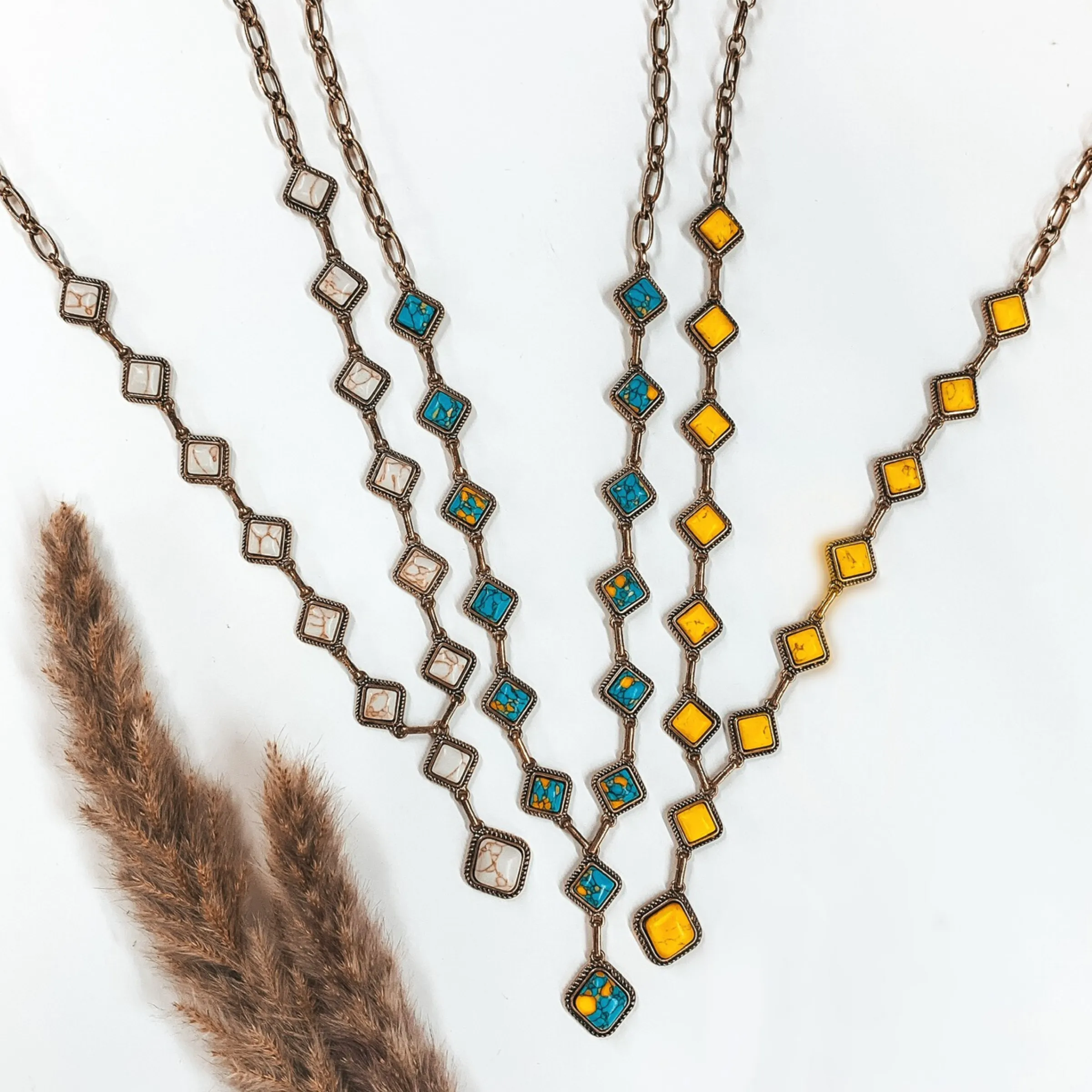 Gold Chain Necklace with Turquoise Square Stones