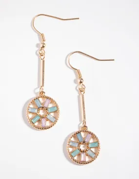 Gold Circle Flower Drop Earrings