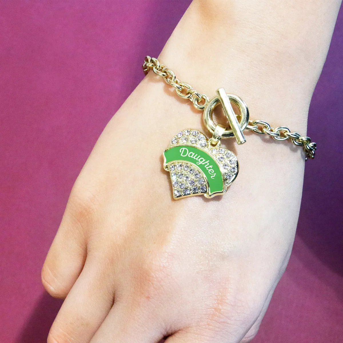 Gold Emerald Green Daughter Pave Heart Charm Toggle Bracelet