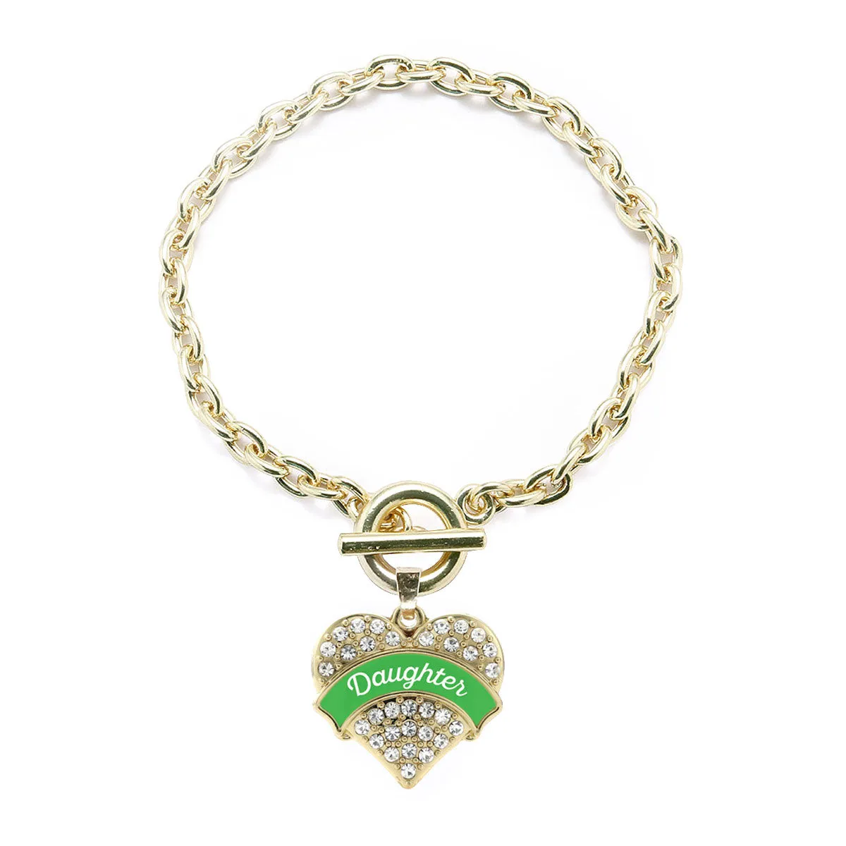 Gold Emerald Green Daughter Pave Heart Charm Toggle Bracelet