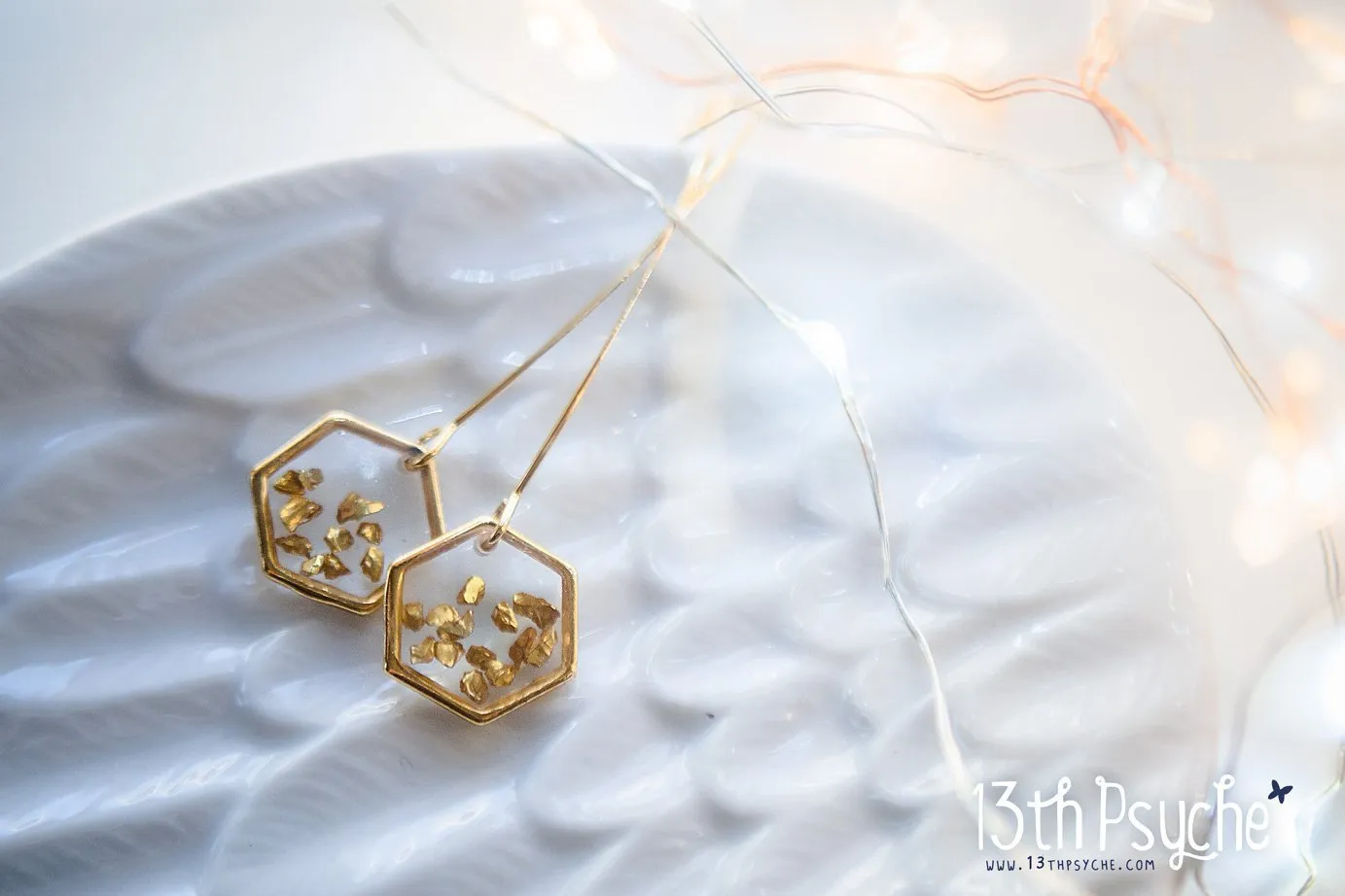 Gold honeycomb hexagon resin earrings