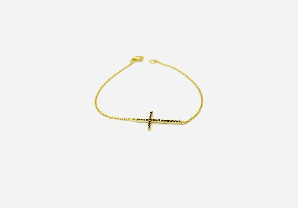 Gold Horizontal Cross Bracelet with Black Stone