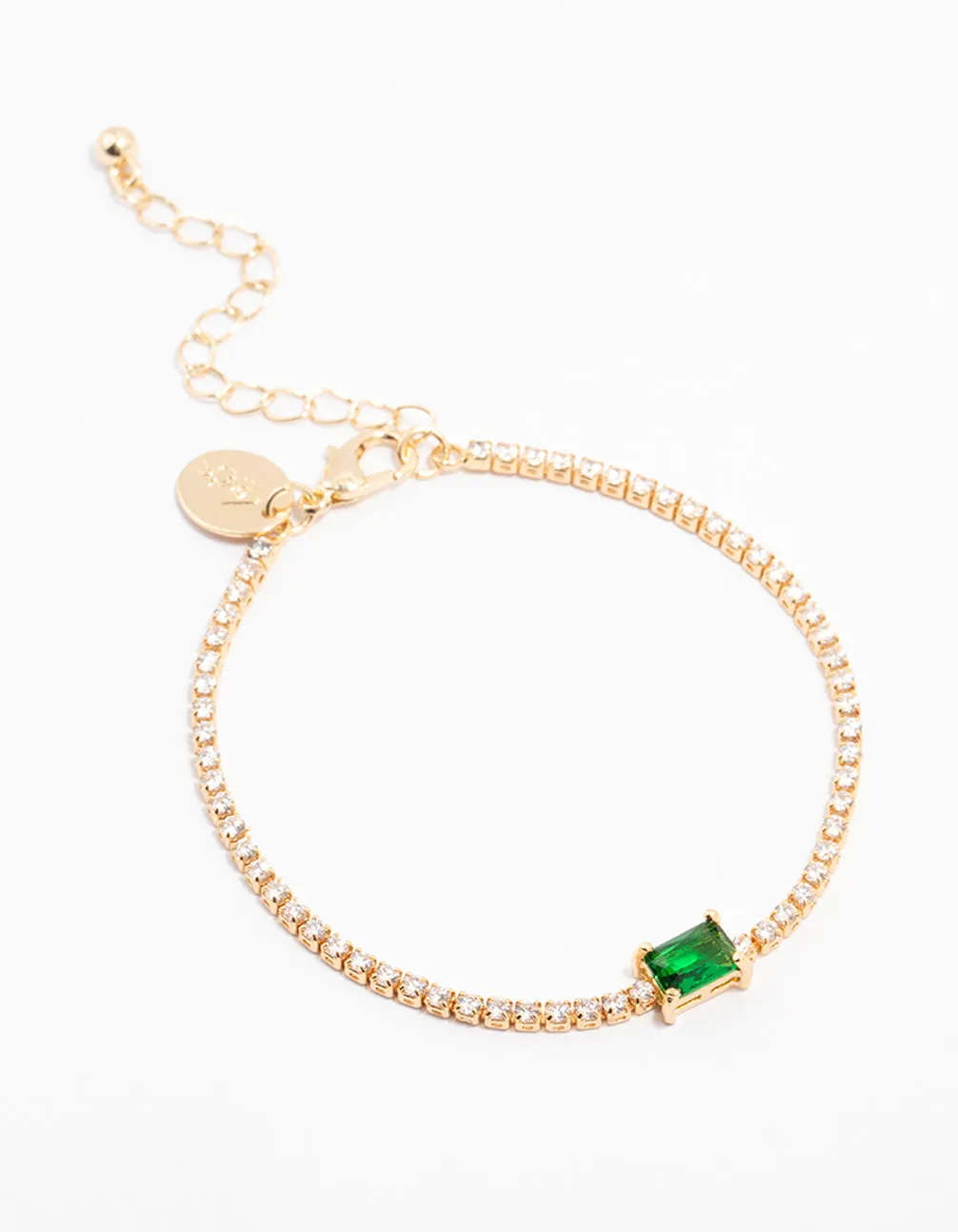 Gold Plated Emerald Baguette & Round Tennis Cup Chain Bracelet