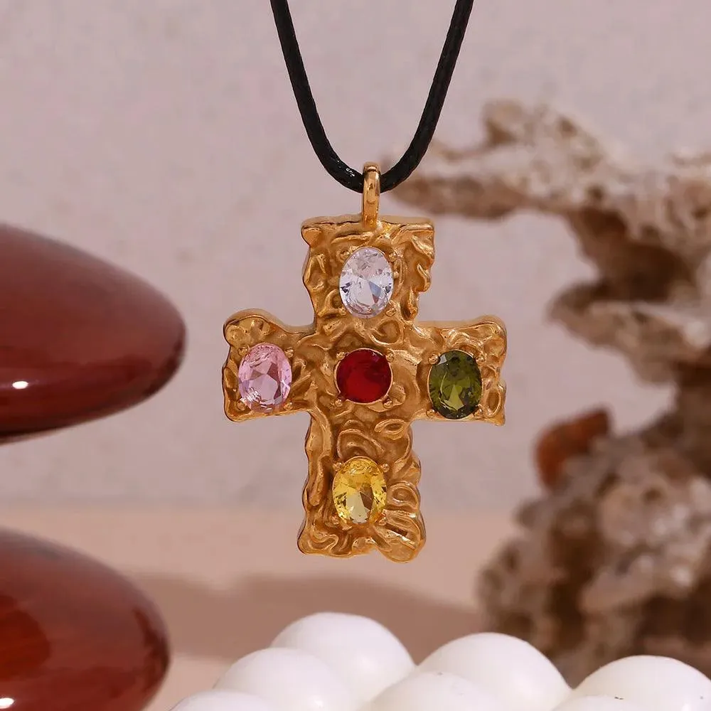 Gold-Plated Gemstone Cross Pendant Necklace – Trendy Fashion Accessory