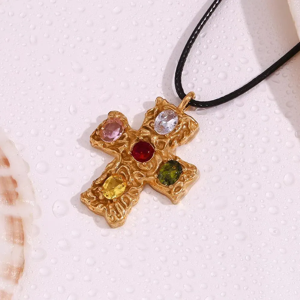 Gold-Plated Gemstone Cross Pendant Necklace – Trendy Fashion Accessory